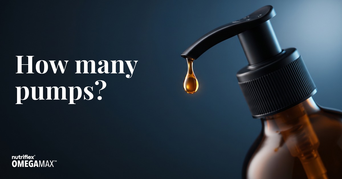 Amber fish oil drop at a pump nozzle. OmegaMax omega-3 dosing calculator for dogs and cats