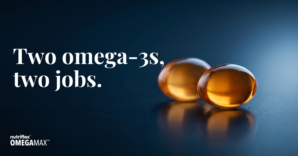 Two amber fish oil softgels representing EPA and DHA, the two marine omega-3s for dogs and cats