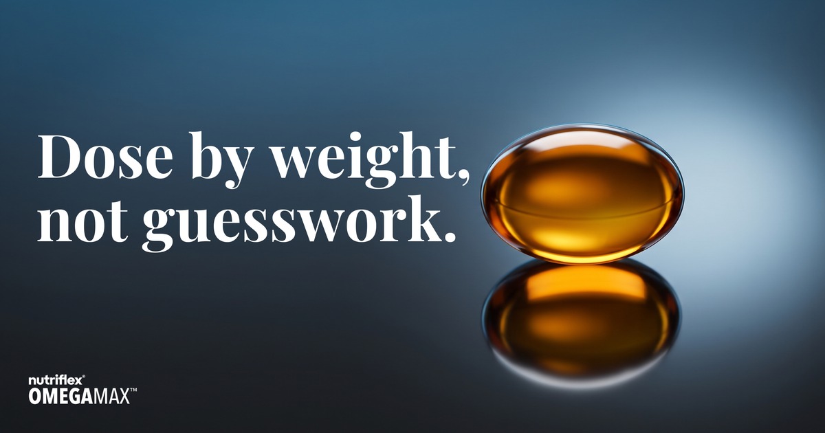 Single amber omega-3 fish oil softgel. How much omega-3 your dog needs, dosed by weight