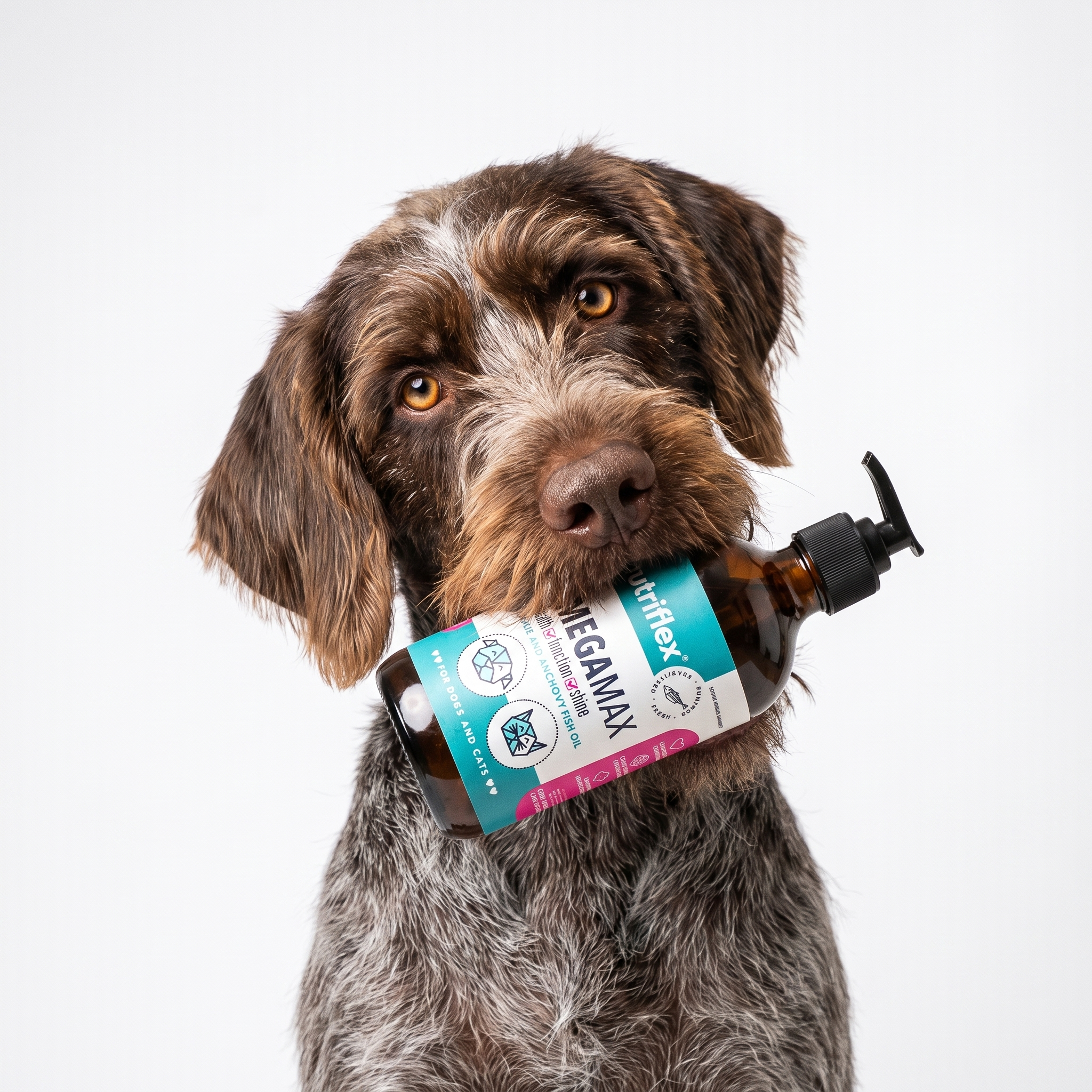 Dog holding OmegaMax omega-3 fish oil for dogs and cats